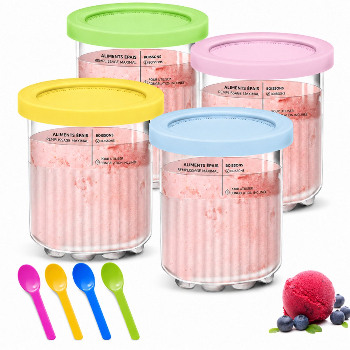 Set van 4 Ijsbekers Geschikt voor Ninja Creami - Herbruikbare Ijscontainers met Deksels en Lepels - Compatibel met NC300, NC301 & NC299AMZ Serie - 0.71L - BPA-Vrij