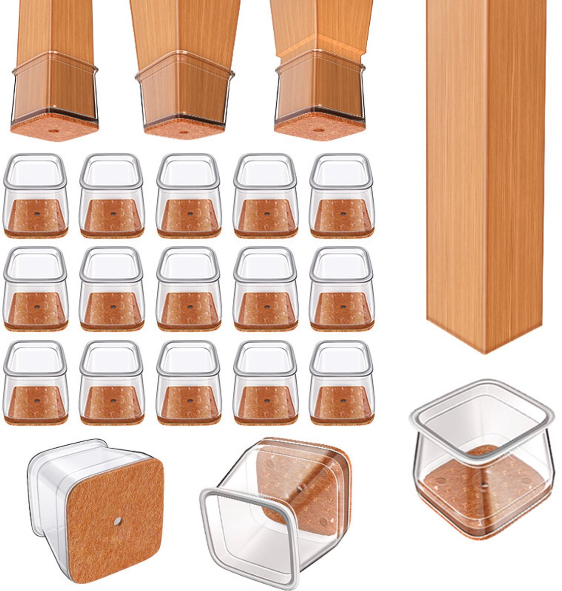 20 rechthoekige stoelpootbeschermers, transparante beschermers voor stoelpoten, voetbeschermers voor stoelen, siliconen beschermers voor stoelpoten (geschikt voor poten van 2,5-3,6 cm), beschermen vloeren tegen krassen, L