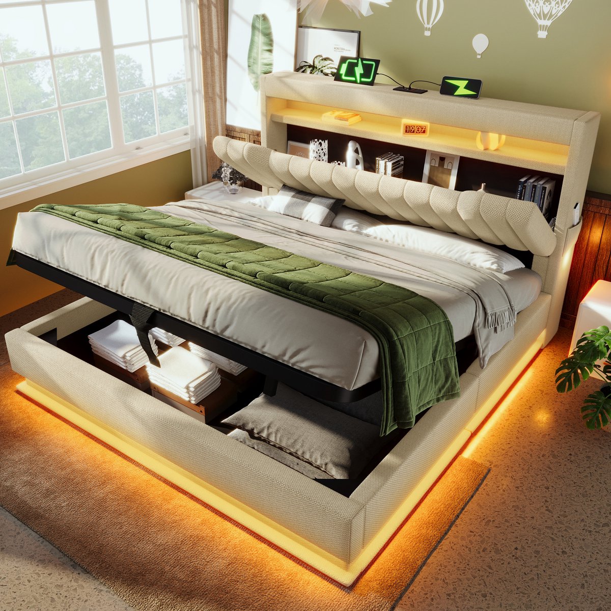 Gestoffeerd bedframe - voor matras 160 x 200 cm - beige - met LED-verlichting en USB-aansluiting en opbergruimte - voor de slaapkamer