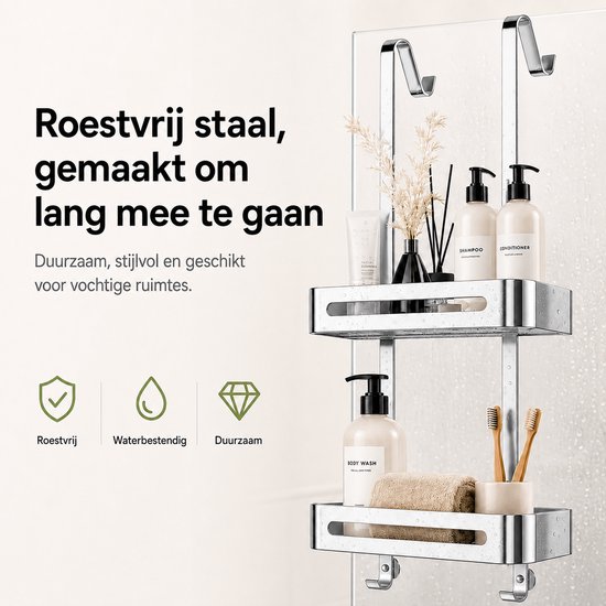 Zilverkleurig doucherek van roestvrij staal met 2 mandjes, gevuld met badkamerproducten, handdoek en tandenborstels.