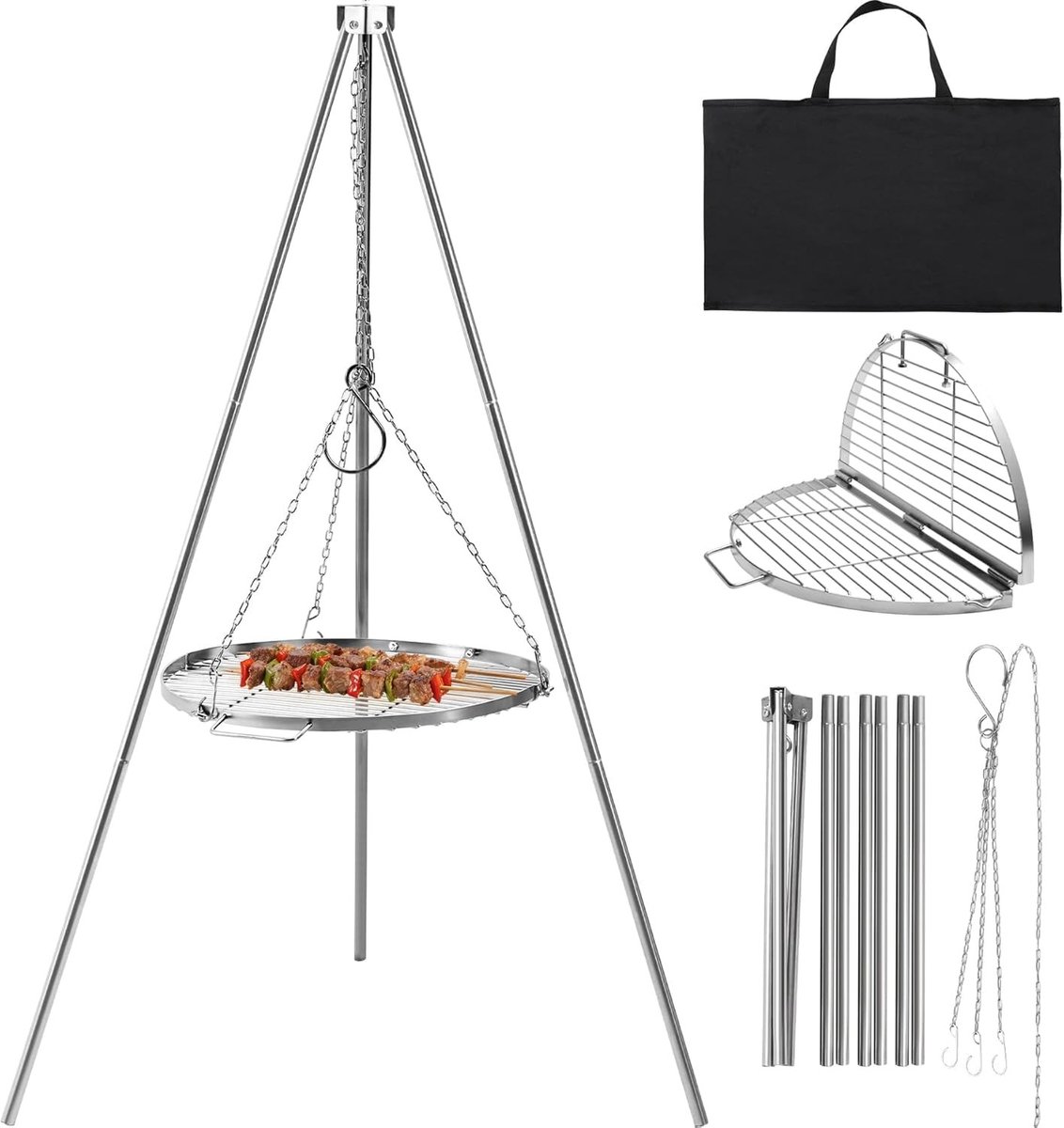 SolidKeus - Camping Grill Tripod van Rvs met Draagtas