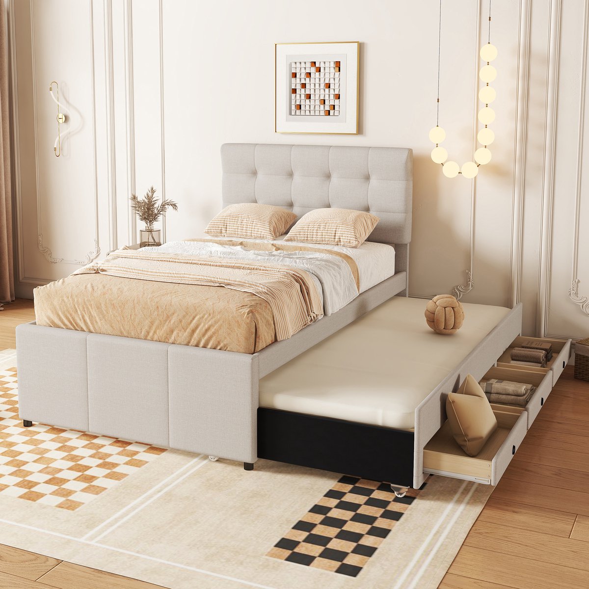 Gestoffeerd bedframe - voor matras 90 x 200 cm - beige - met opbergruimte - matras niet inbegrepen - voor de slaapkamer - dagelijks gebruik