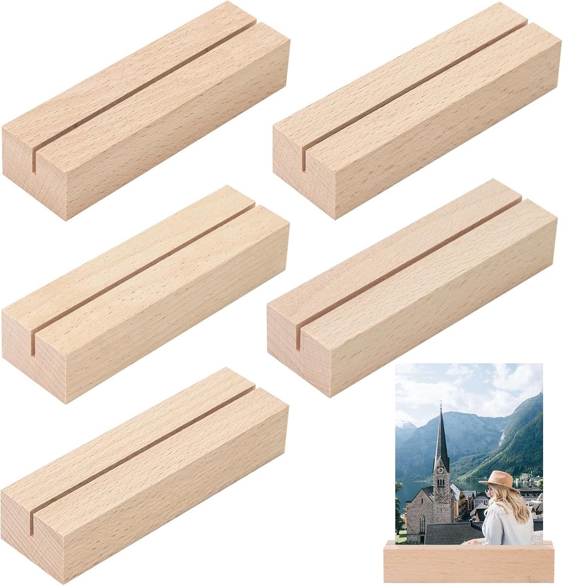 Houten Kaart Houder Set van 5 Stuks, Ideaal voor Menu's, Foto's en Tafelkaarten bij Bruiloften en Feesten (10 x 3 x 2 cm)