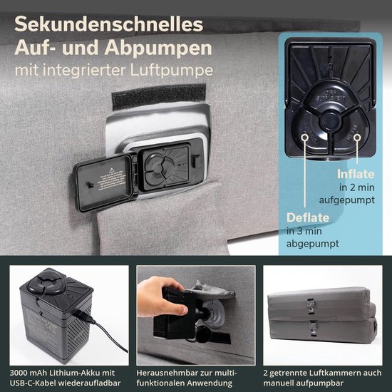 Opblaasbare Bank - Luchtbank - Outdoor Ontspanning - Geïntegreerde Pomp - 165 cm - Grijs — afbeelding 4
