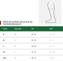 Maattabel voor compressiekousen, met maten in EU/UK, US/CA/MX, CM en IN.