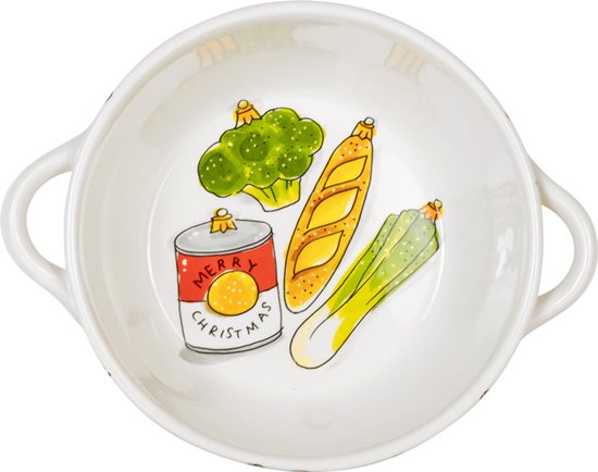 Witte serveerschaal met twee oren, aan de binnenzijde geïllustreerd met broccoli, brood en een blik met 'Merry Christmas'.