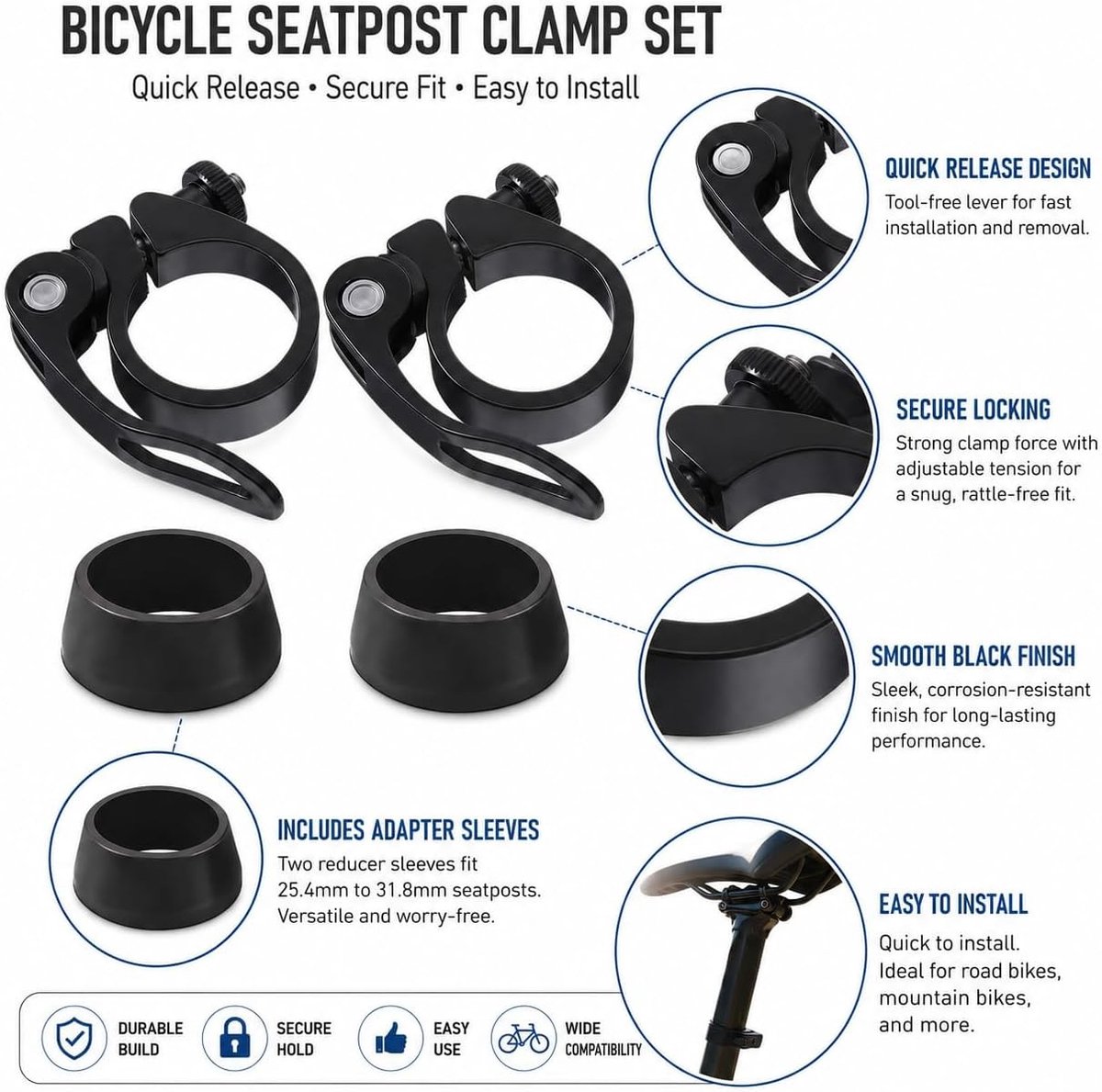 SnelShoppen - 2 Stuks Snelspanner Zadelklem 31,8 mm met Stofkappen - Lichtgewicht Aluminium Zadelpenklem voor 27,2-28,6 mm - Geschikt voor MTB, Racefi