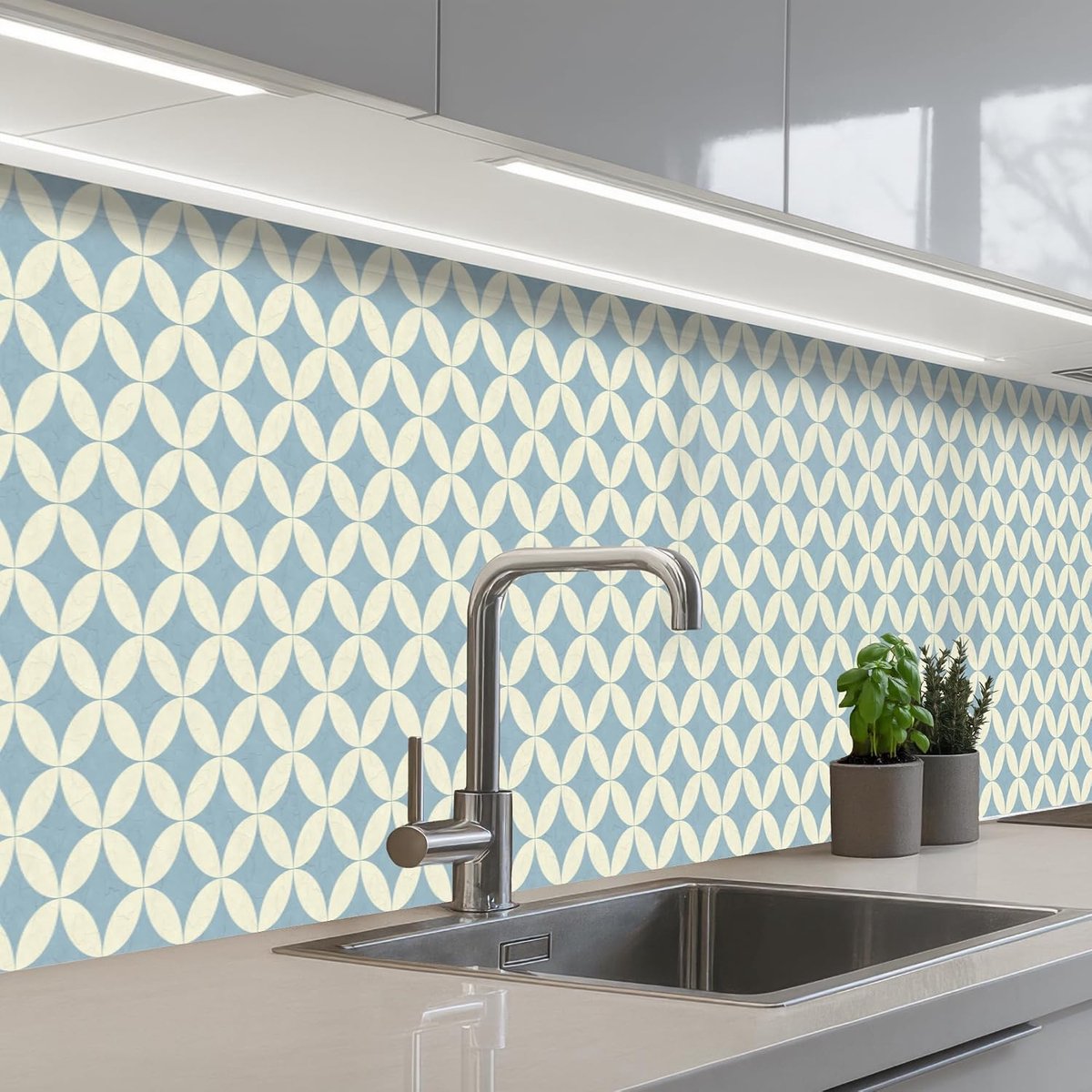 Keukenachterwand 60x350 cm zelfklevend keuken decoratie accessories home kitchen spatscherm Geometrisch - Bloem - Motief - Blauw