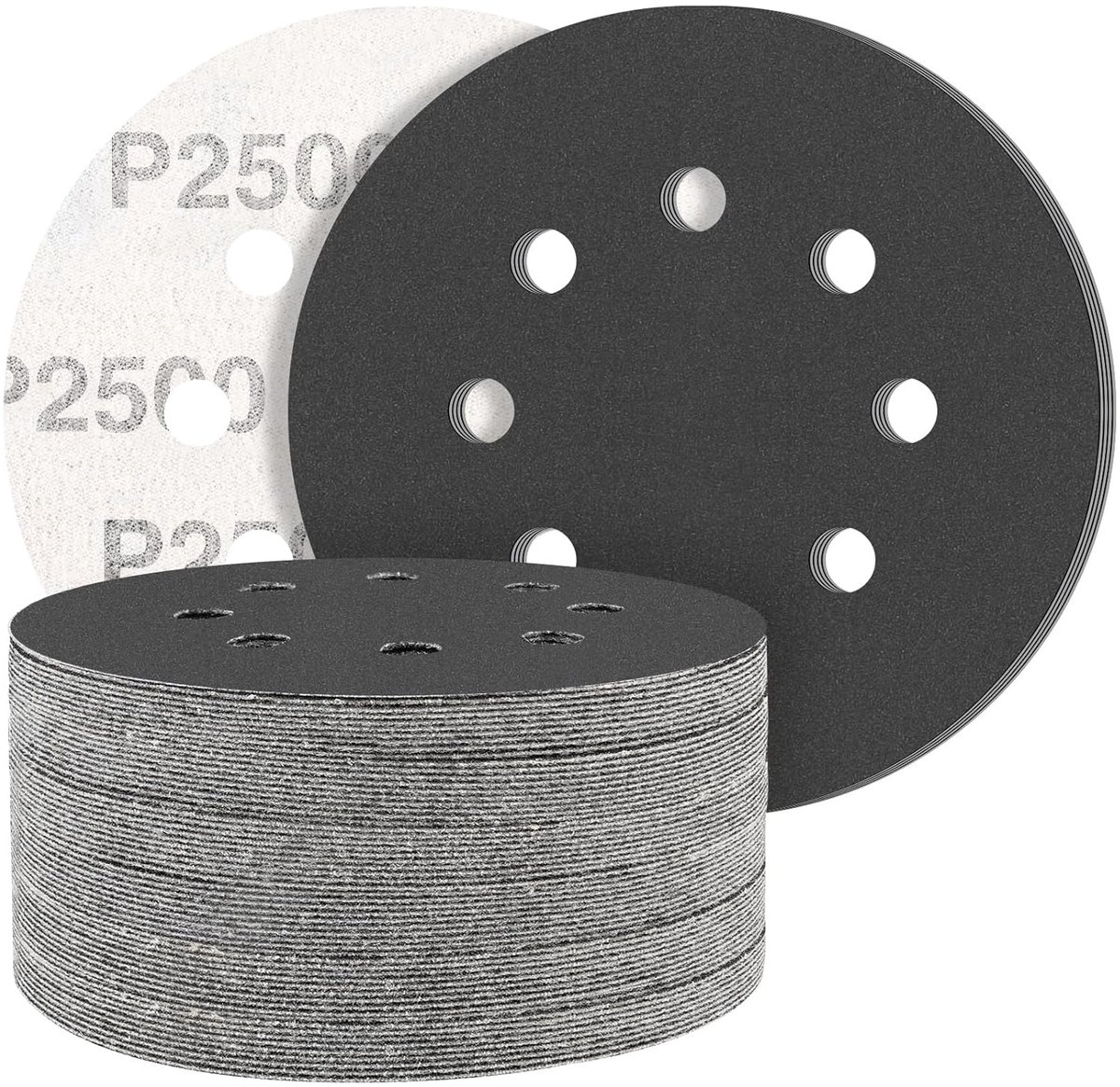 Schuurpapier, 50 stuks, siliciumcarbide, 125 mm, klittenband, korrelgrootte 2500, professioneel 125, rond, 8 gaten, nat en droog schuurschijf, ideaal voor metalen auto's