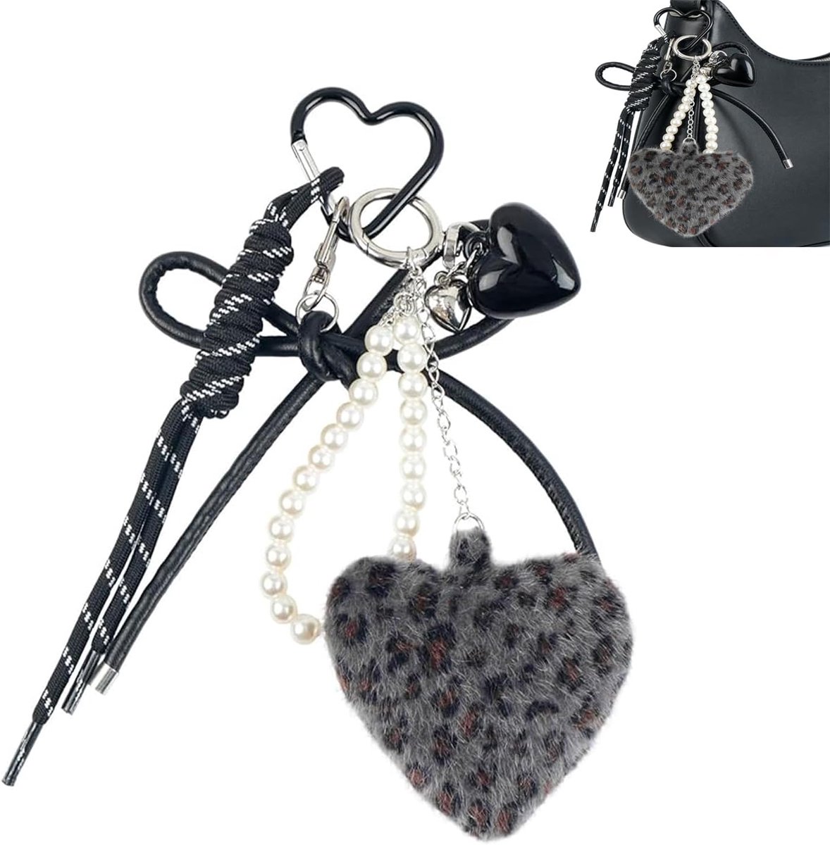 Hart zakhanger, pluizige hartvormige hanger van kunstbont, sleutelhanger luipaardpatroon, sleutelhanger meisjes voor tas charms auto sleutelhanger pluche schattige boog sleutelhanger