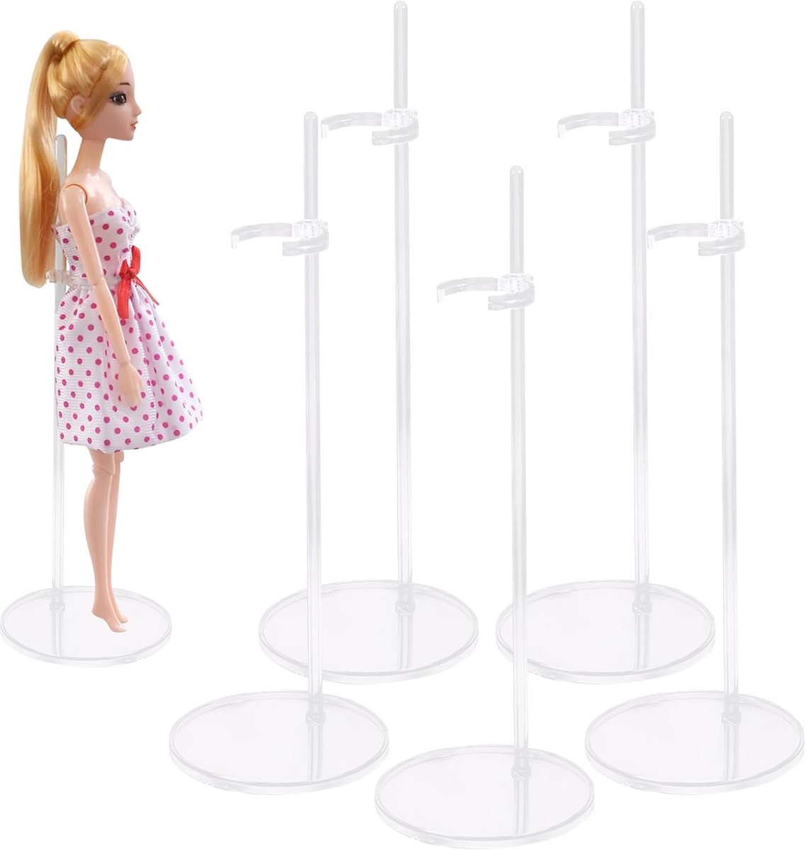 5 stuks poppenstandaard van kunststof, voor poppen van 30 cm (transparant, 25 cm)