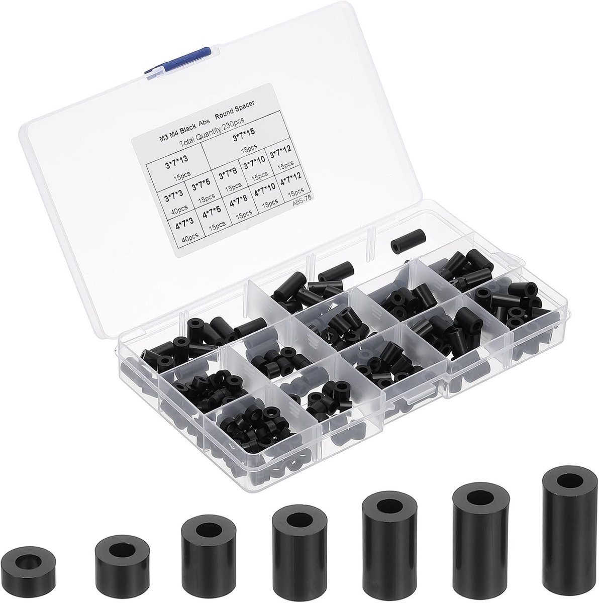 M3 M4 nylon afstandhouders, 230 stuks ronde afstandhouders niet-schroefdraadspacer assortiment kit voor PCB-moederbord, circuitplaat, schakelaar en stopcontact, zwart