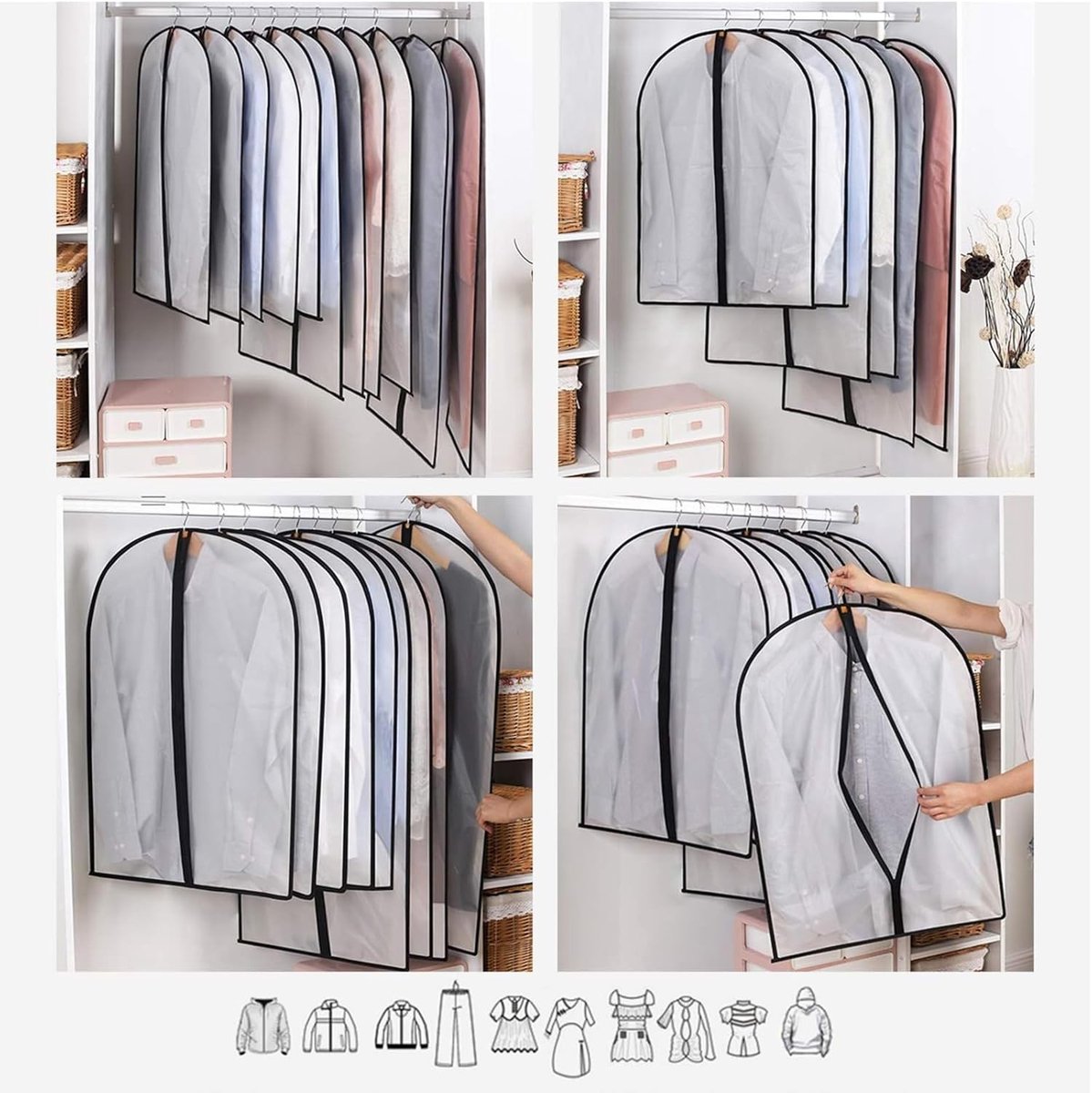 Kledinghoezen, hoes voor kleding om op te hangen, stofdicht, transparant, overtrek voor kleding om op te hangen met ritssluiting, bescherming voor overhemden, kostuums, jassen, jurken enz