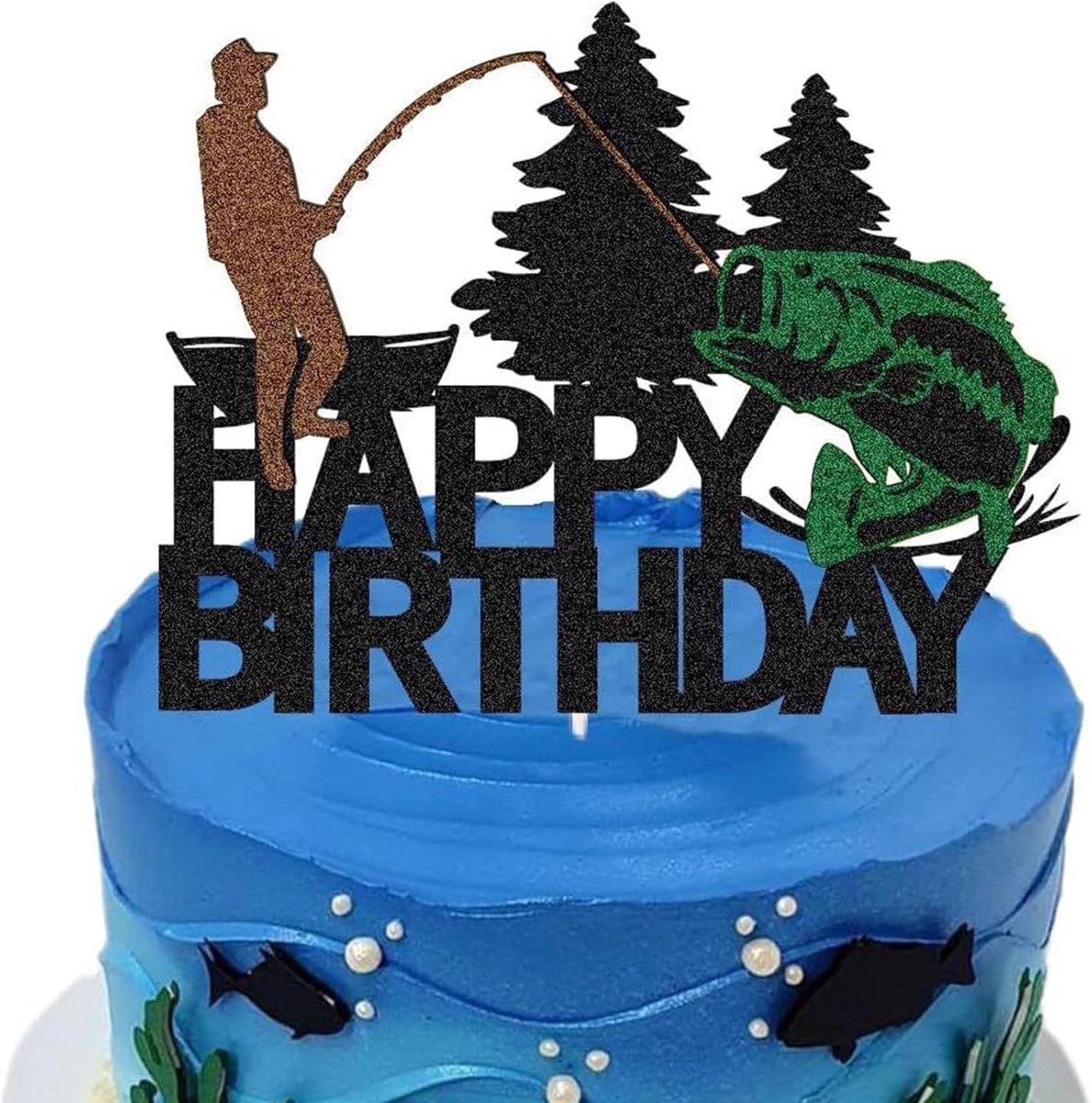Taartdecoratie 'Happy Birthday' - zwarte taarttopper voor vissers, natuurliefhebbers en verjaardagsfeestjes met visfeestdecoratie, herbruikbaar en milieuvriendelijk