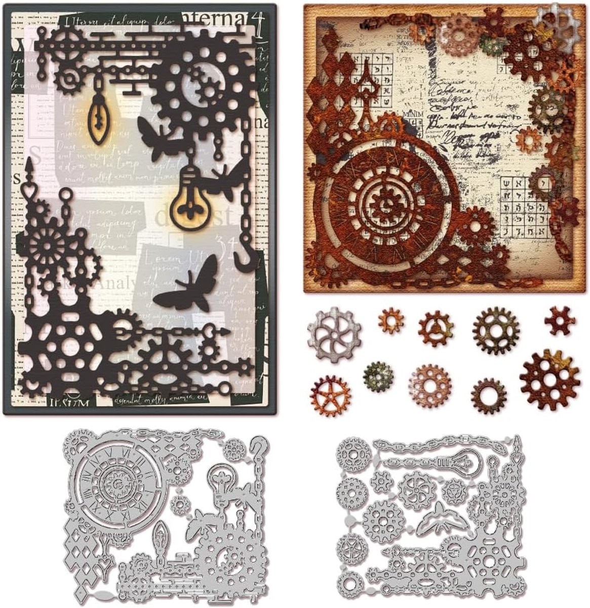 Stanssjablonen met industriële hoeken achtergrond metalen tandwielen achtergrond frame stanssjablonen klokken gloeilampen ponsen voor het maken van kaarten DIY scrapbooking knutselen