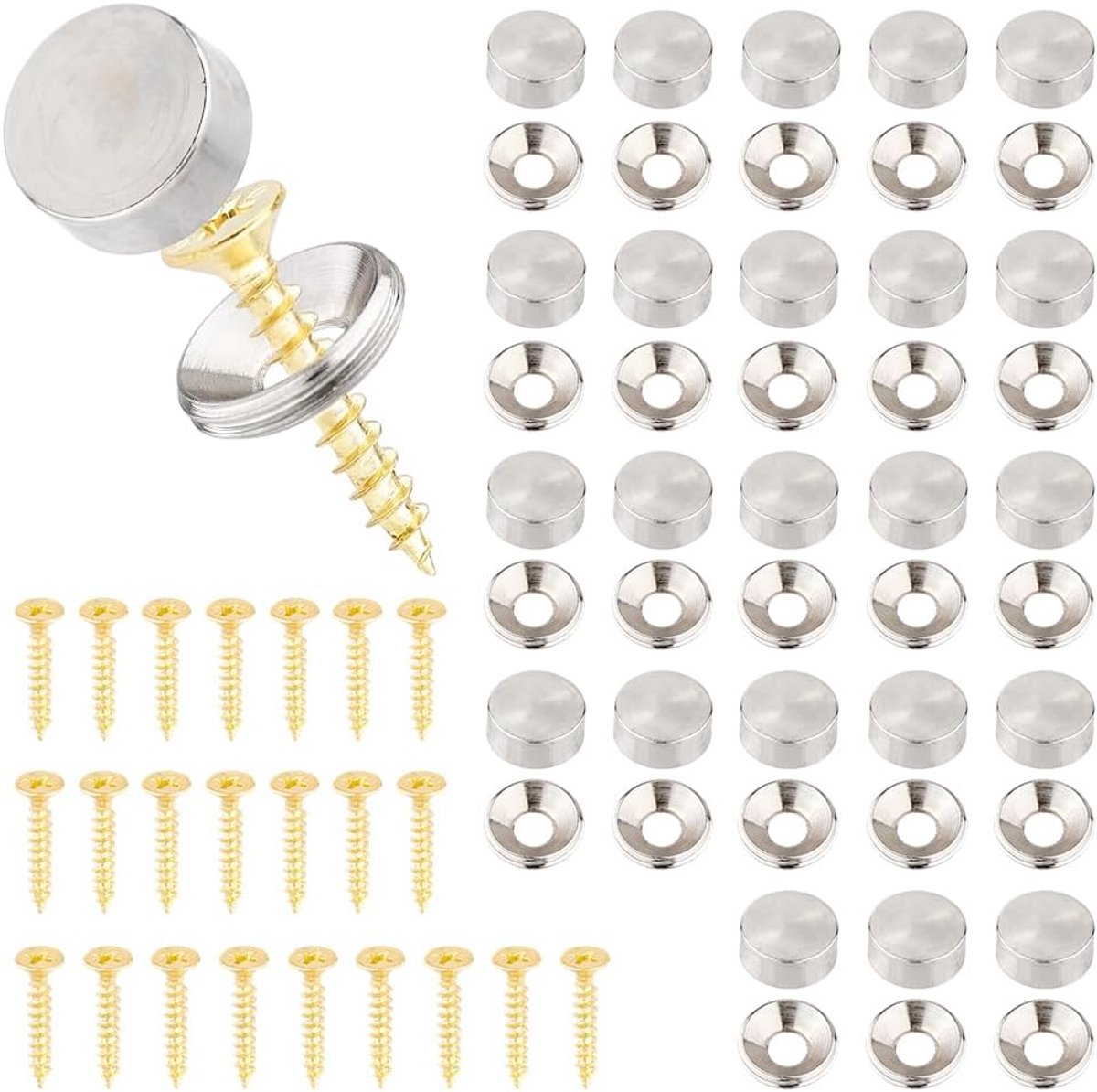 24 sets ijzeren decoratieschroeven met doppen, 12 mm, schroefdoppen, zilverkleurige bekledingsstiften, retro spiegel, decoratieve doppen, bevestigingsschroeven voor meubelbevestiging