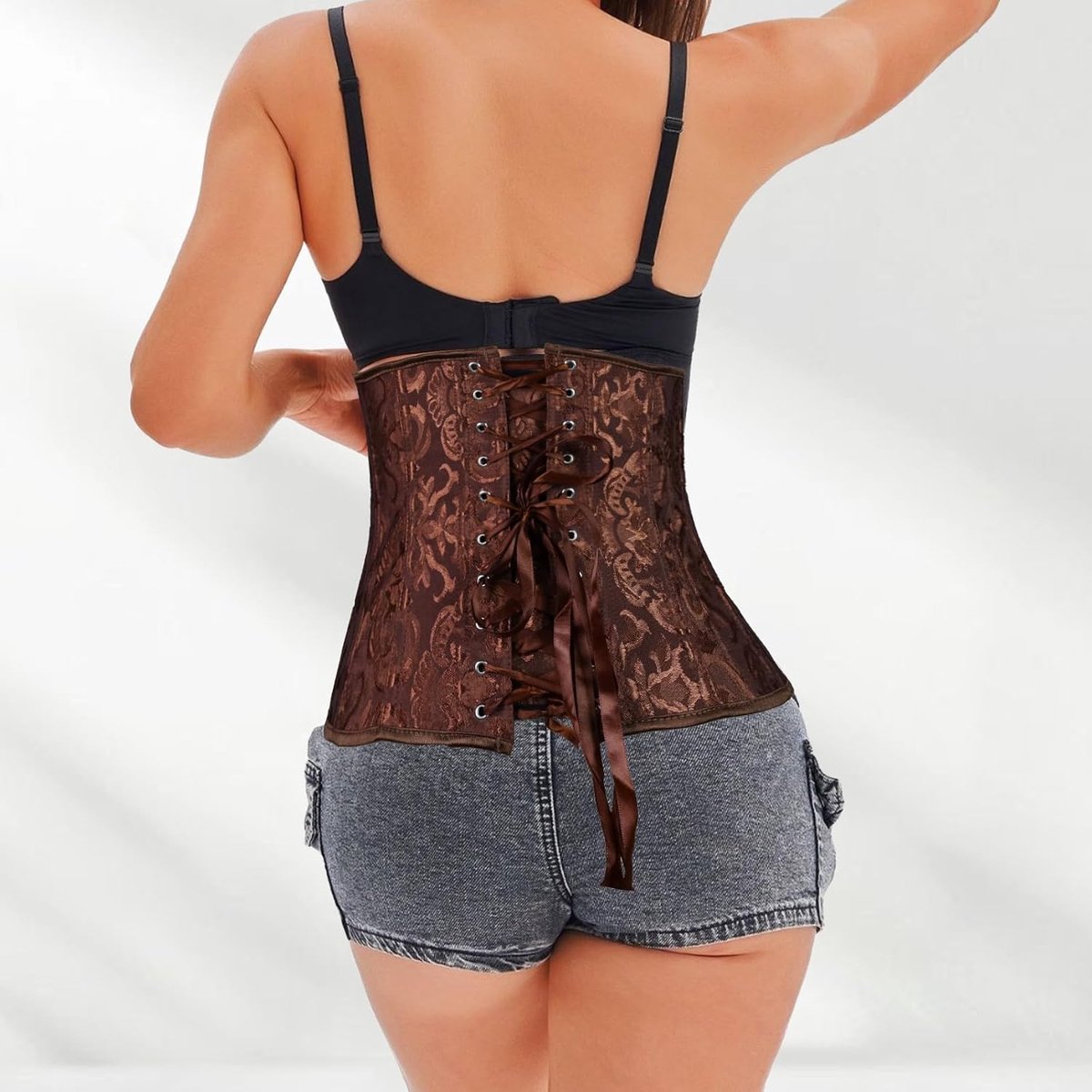 Korset voor dames, taille-corrigerend, bustiers, onderborst, satijn, vetersluiting, taille-korset met tanga, jacquard, crop-top, gothic, vintage korset, body-shaper, bovendeel