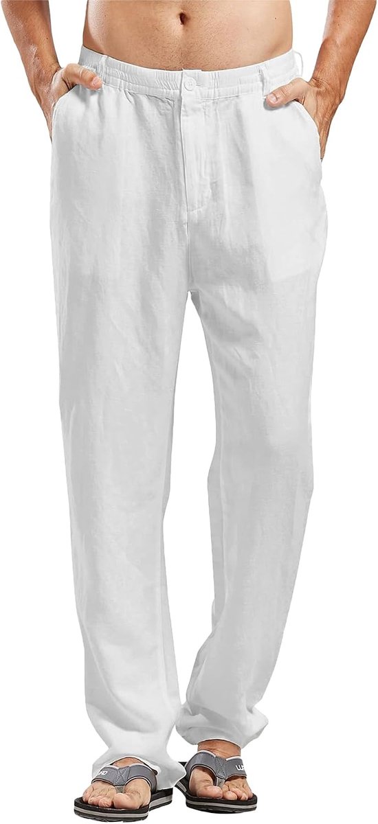 Linnen herenbroek, lang, licht, zomerbroek, losse pasvorm, vrijetijdsbroek, effen voor mannen, M-3XL, wit, XXL