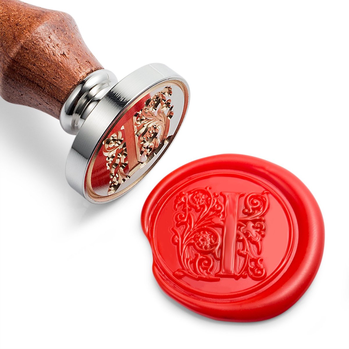Wax-stempel, zilveren messing kop met houten handvat, letter A tot Z letter (I)