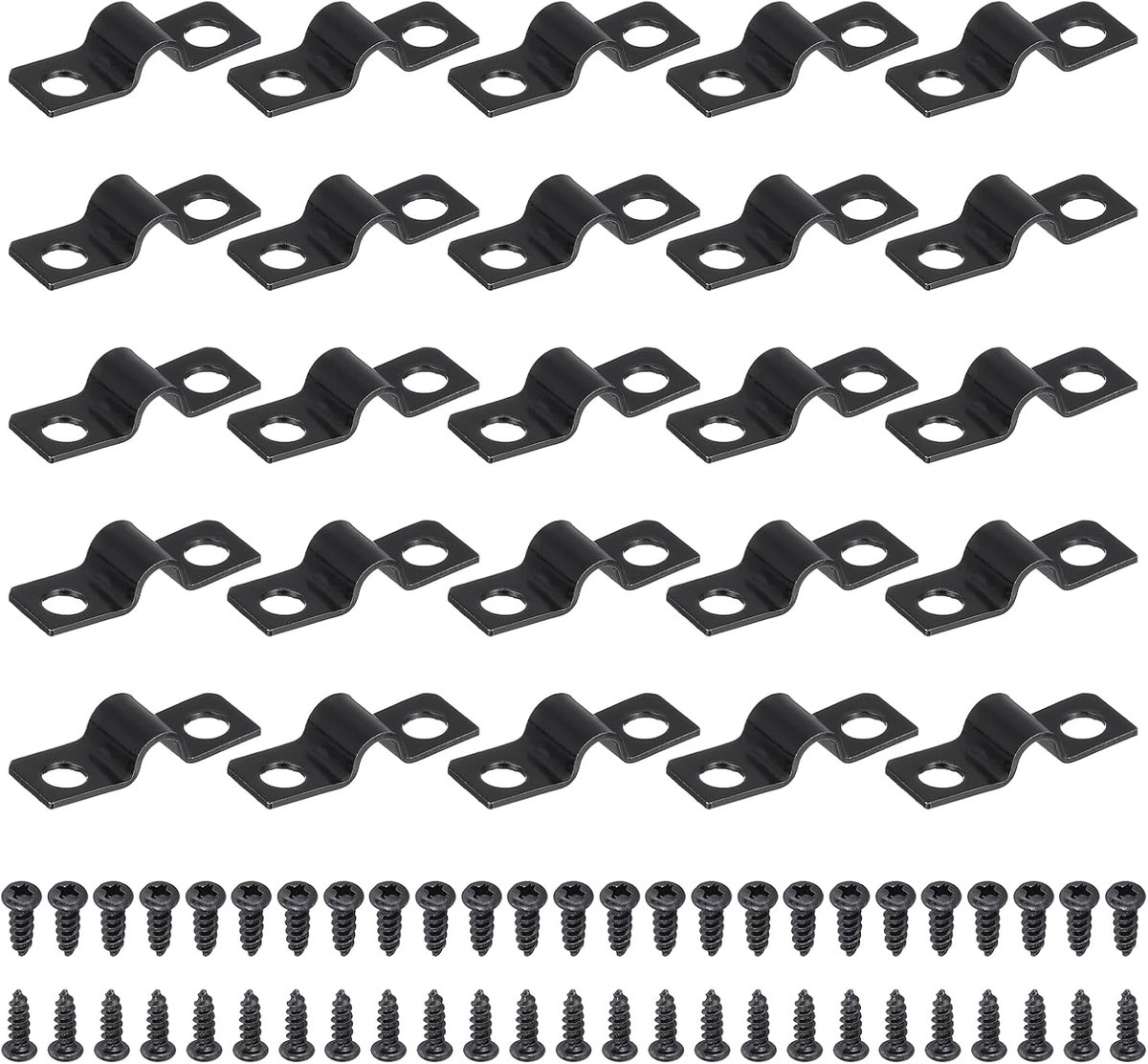 50 stuks 5 mm (3/16 inch) tweegats buisklemmen, robuuste U-klemmen, kabelhouder, zeer sterke koolstofstaal, buisklem met zelfborende schroeven voor buizen, kabels, draden, zwart