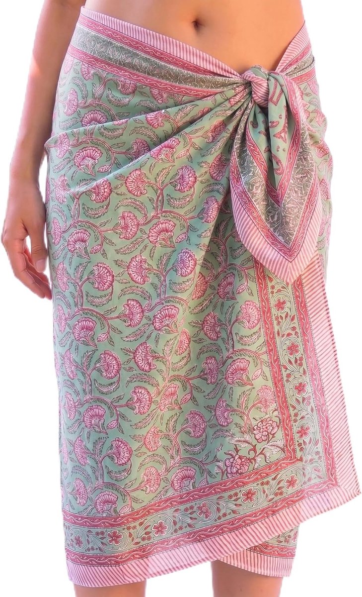 Damespareo – Indiase sarong met gouden rand – Zachte katoenen bikini cover up - Strandpareo - Badpak Strandjurk - Wrap - Pareo