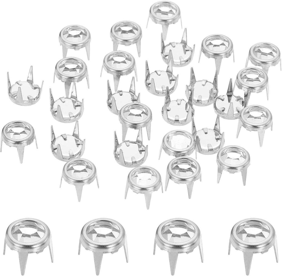100 stuks diamantklinknagels van 7 mm met platte bodem, klauwvorm, decoratieve metalen klinknagels, zilverkleurig en wit.