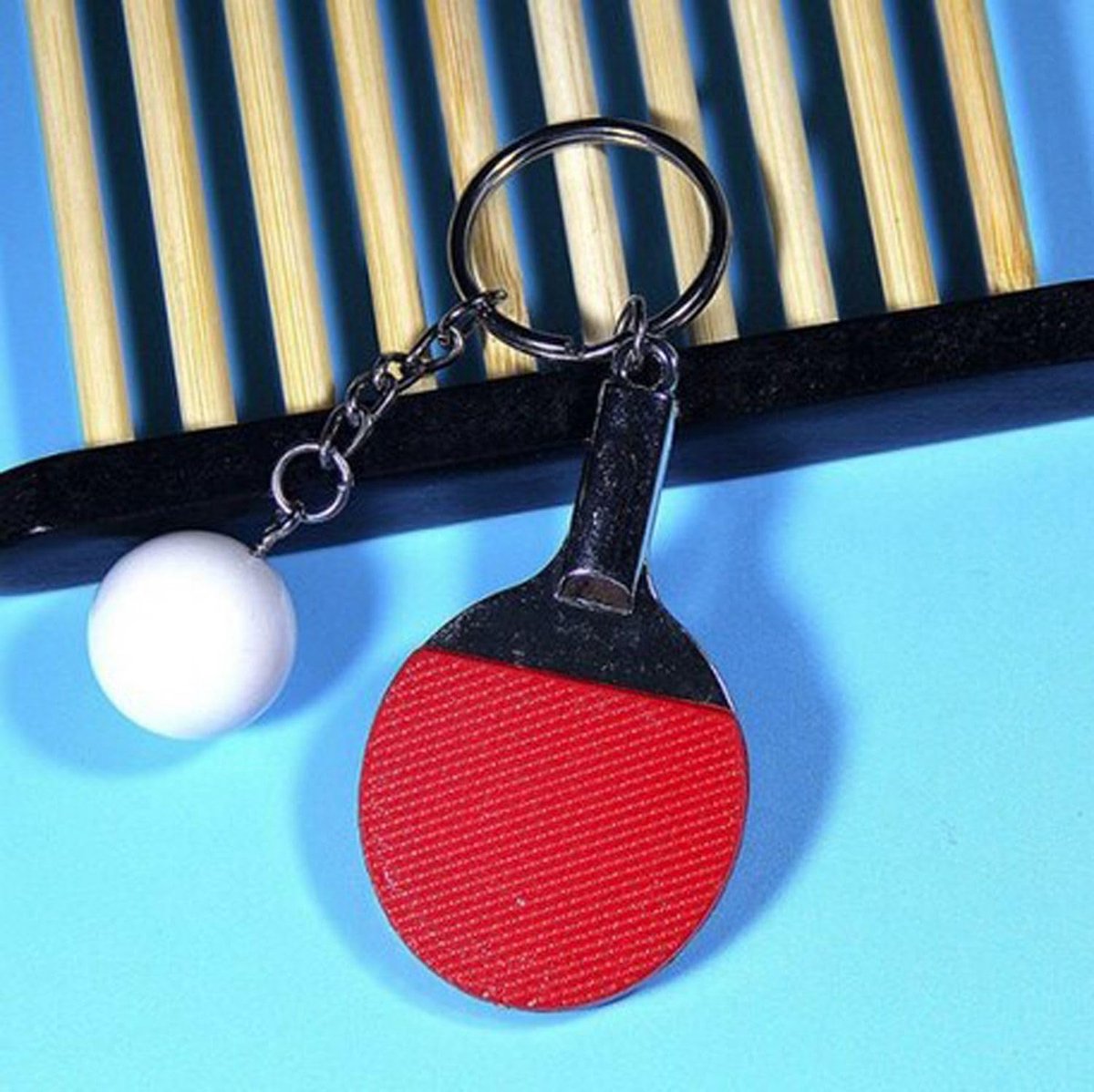 2st Ping Pong Sleutelhanger Ketting Tafeltennis Racket Bal Sport Rood, 65mm, Kunststof, metaal