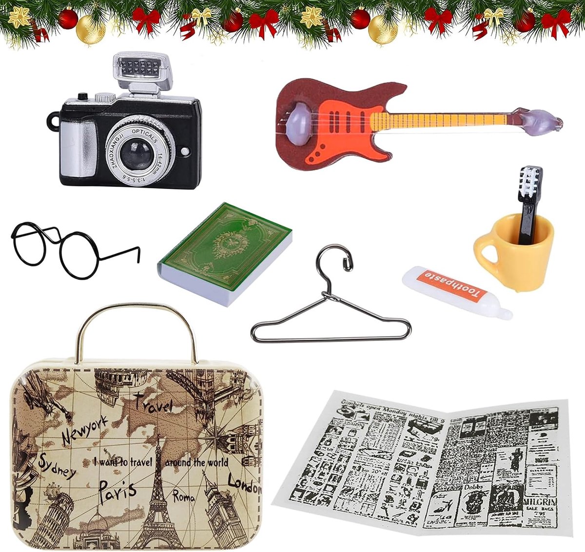 10 stuks miniatuur poppenhuisaccessoires, miniatuur vintage decoratieset 1:12 simulatiekoffer, gitaar, camera, modelboeken, tandenborstel, tandpasta, tandenborstelbeker