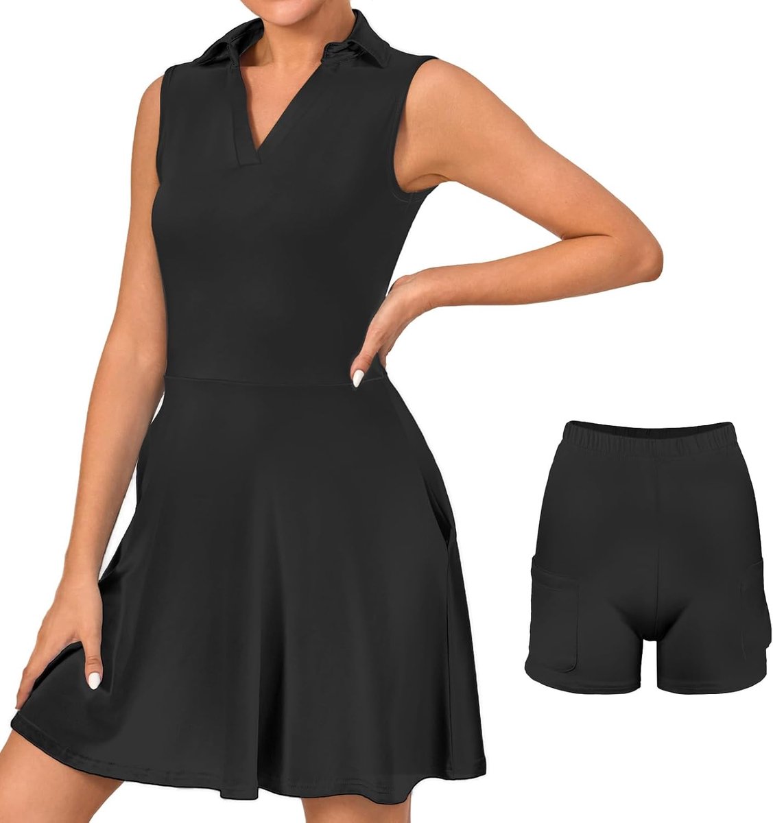 Tennisjurk voor dames, met broek, sportjurk, mouwloos, golfjurk met zakken, tennis-outfit