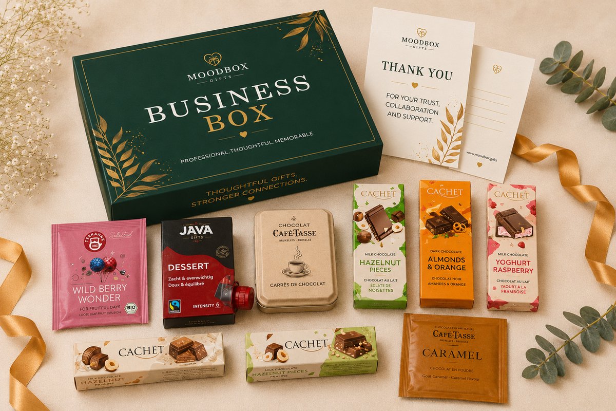 Luxe zakelijke cadeaubox – Belgische chocolade, koffie, thee & lekkernijen – Gepersonaliseerde wenskaart – Moodbox Gifts – Business Box Select