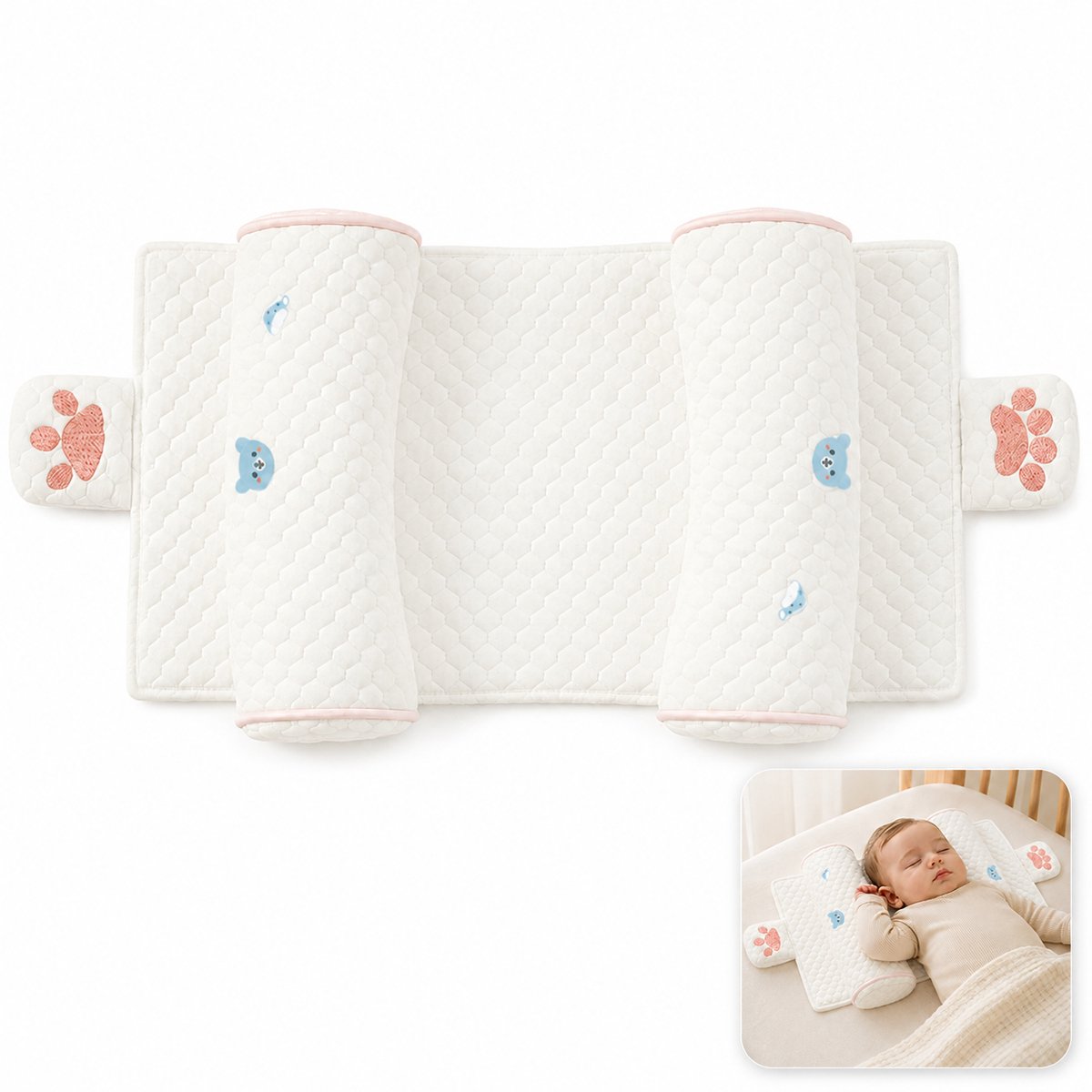 Bobypet - Baby Kussen - Baby Hoofdkussen - Ademend En Wasbaar - Voor Wieg, Kinderwagen & Autostoel - Wit En Roze