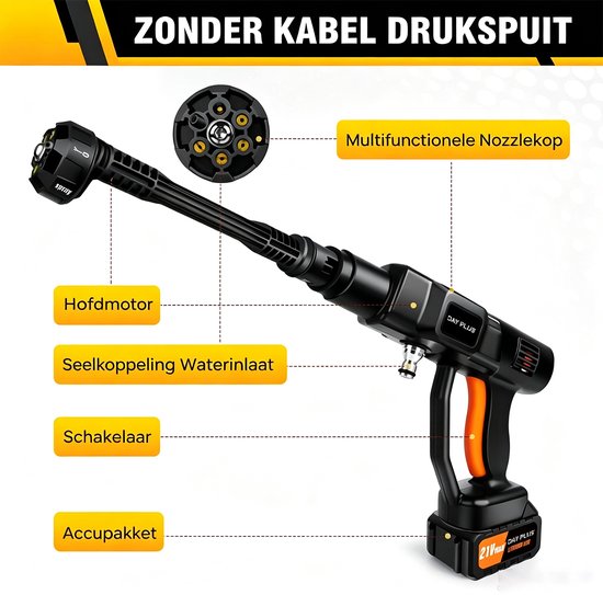 Elektrische Hogedrukreiniger, 6-in-1 Verstelbaar Mondstuk en Slang Can 5M met 1 Accu — afbeelding 2
