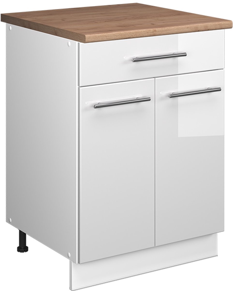 Vicco Onderkast voor spoelbak/kookplaat Fame-Line, Wit Hoogglans/Wit, 60 cm met lade, WB Eik