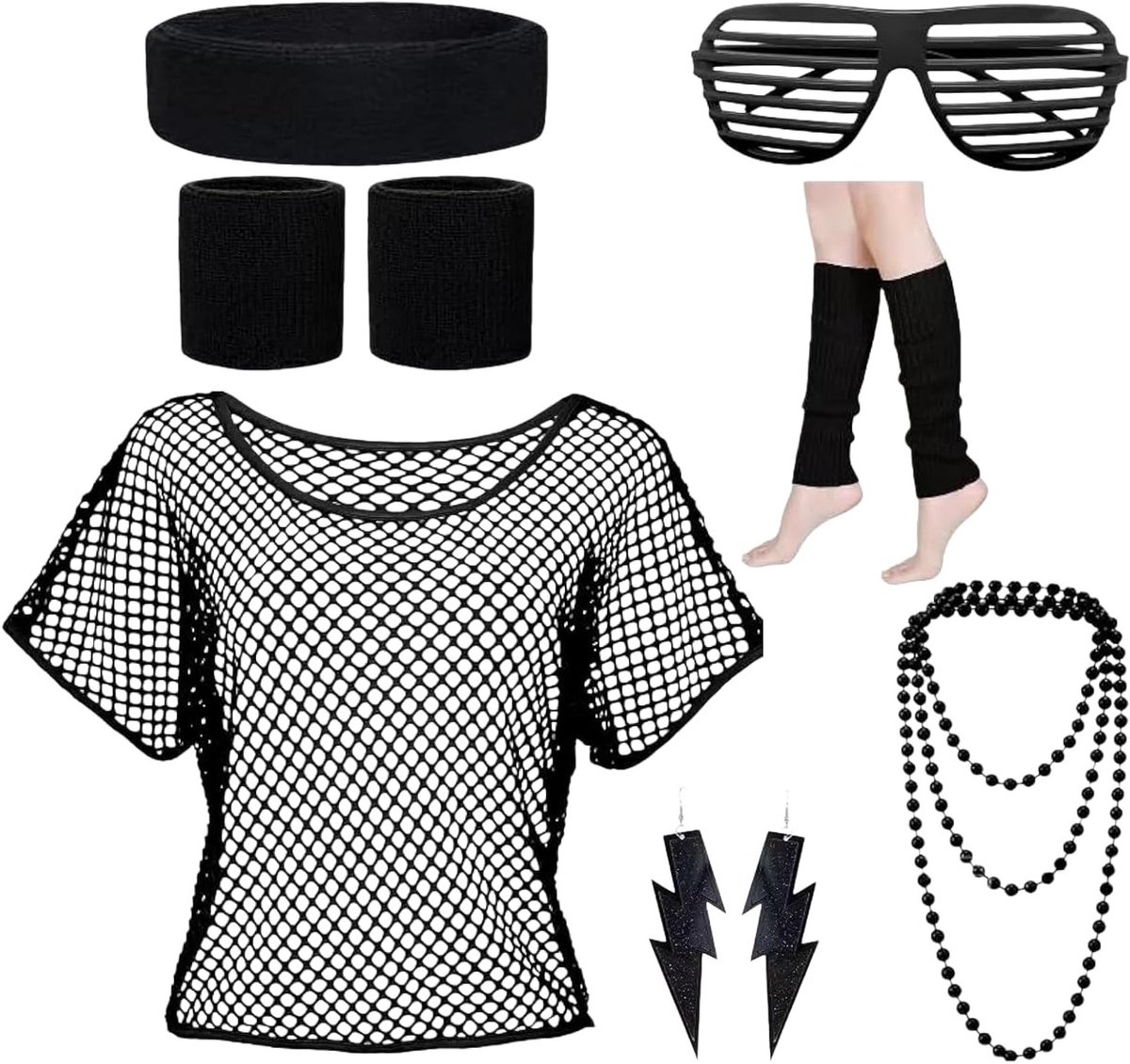 90s Retro Outfit voor Dames - Roze Nettop met Legwarmers en Ketting voor Flashdance en Themafeesten