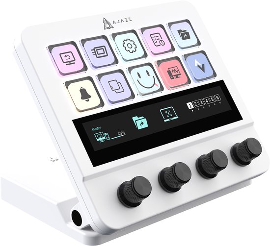 Witte AJAZZ macro controller met programmeerbare knoppen en draaiknoppen, op een hellend display.