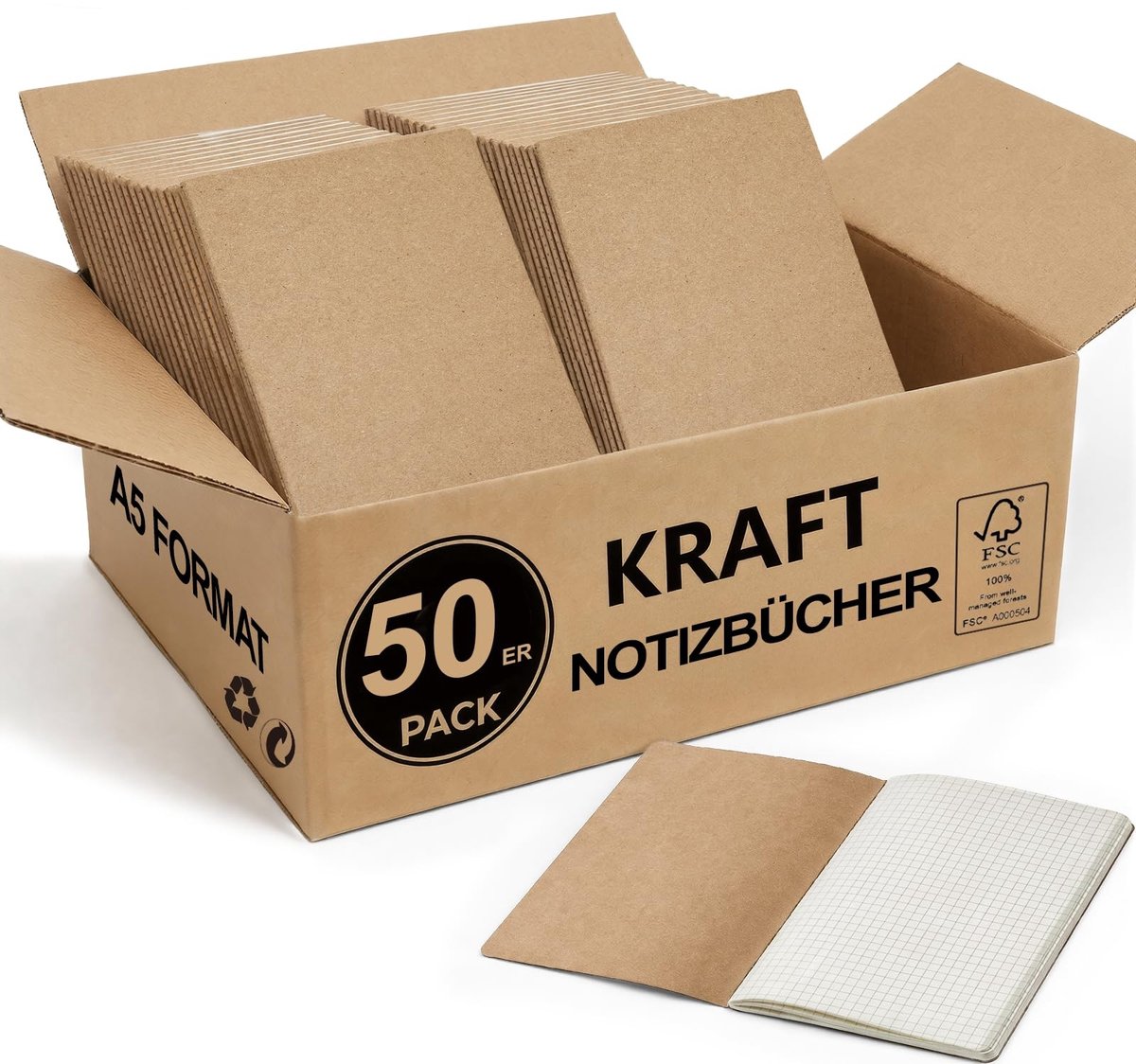 Dailygoods - Set van 50 Kraft Notitieboeken A5 - 60 Pagina’s Geruit voor School en Kantoor