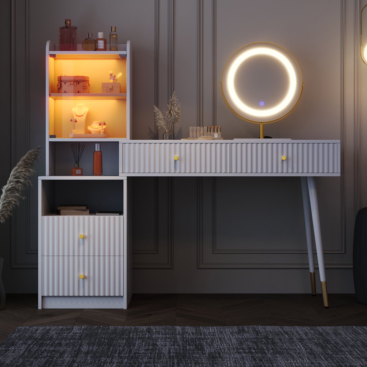 COVREO Kaptafel 100 x 40 x 125 cm wit spaanplaat met LED-spiegel en 4 lades