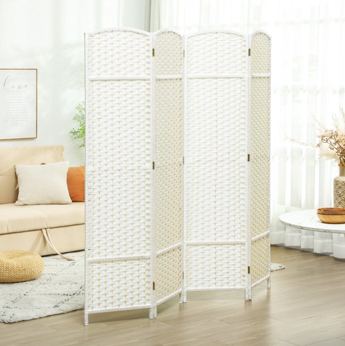 COVREO 4-delig kamerscherm 160 x 170 cm - wit, vouwbaar, geweven patroon