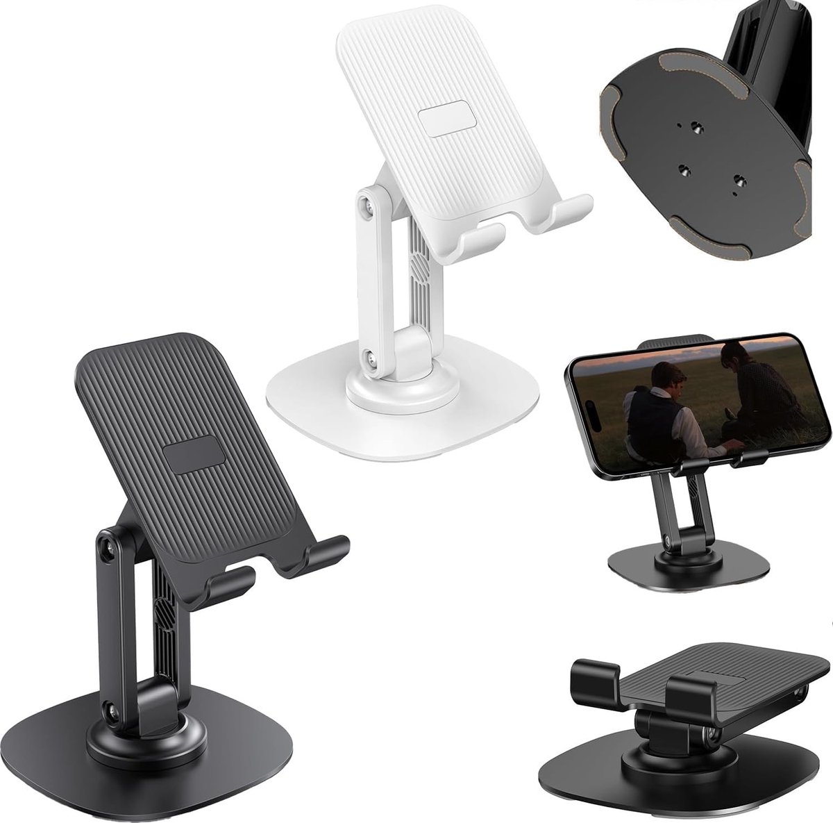 360° Rotatable Vouwbare Telefoonstandaard voor Bureau - Stabiele Mobiele Telefoonhouder met Antislip Basis | Geschikt voor Twee Apparaten | Zwart en Wit