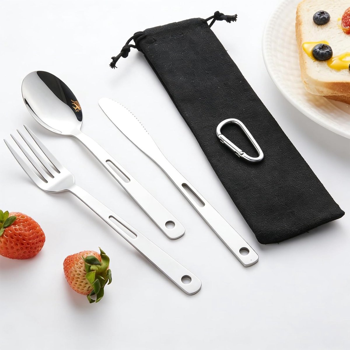 Roestvrijstalen sporks set van 3, draagbaar outdoorbestek met karabijnhaak, herbruikbare lepel, vork en mes voor camping en reizen