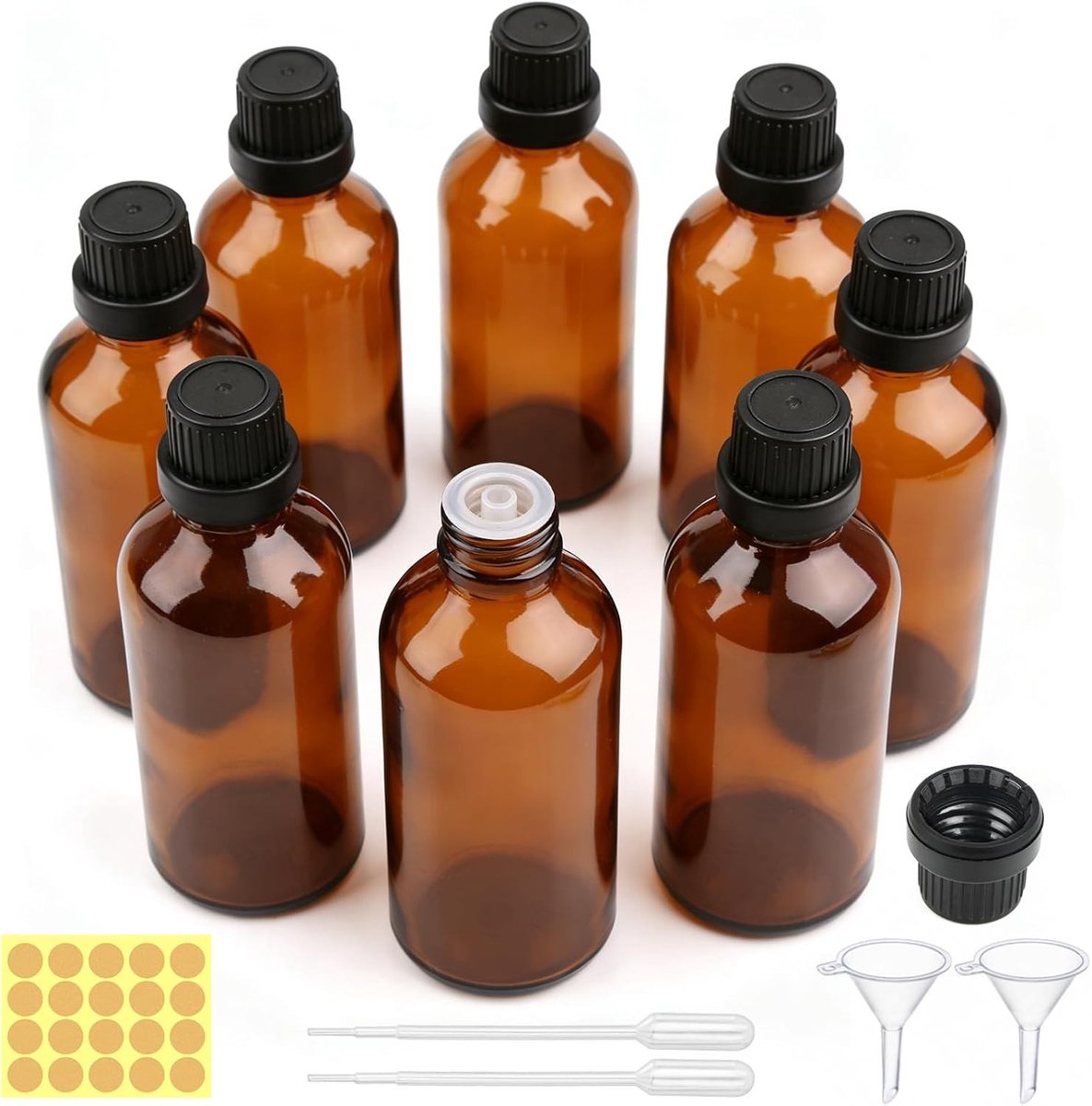 Set van 8 herbruikbare 50ml bruine glazen flessen met druppelaar, ideaal voor oliën en par