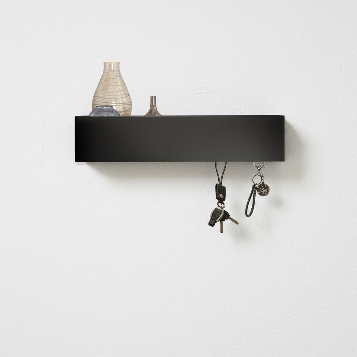 Sleutelrek met plank en 5 haken, modern ontwerp voor hal en woonkamer, metalen en houten sleutelhouder, 30 x 7,5 x 6 cm, praktisch en stijlvol voor entree en organisatie