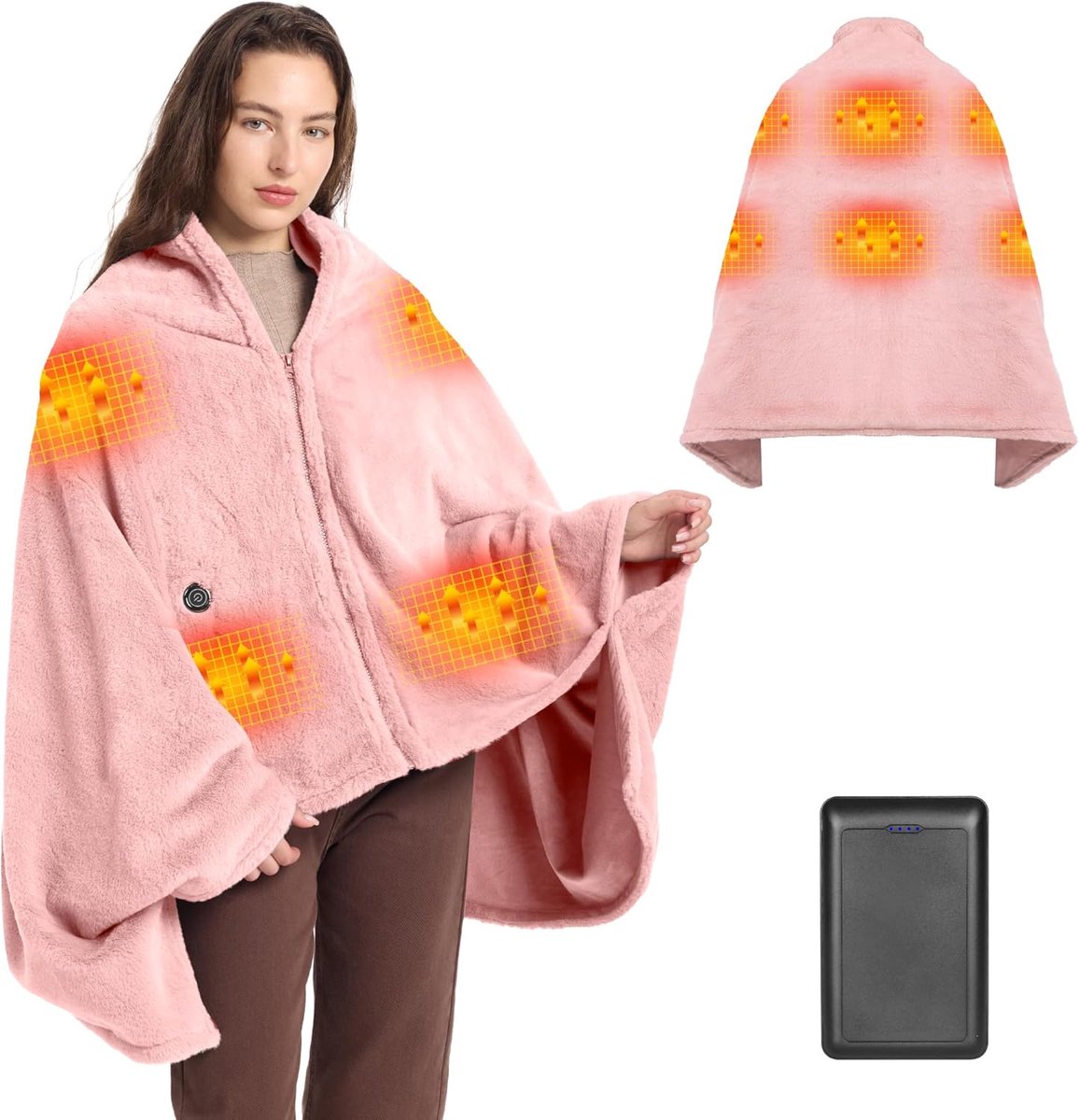 SnelShoppen - Draadloze Elektrische Flanellen Dekens 160 x 90 cm - 16000 mAh Accu - 3 Warmte-instellingen - Snelle Verwarming - Poncho voor Sofa, Kant