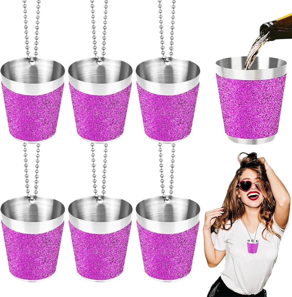 SnelShoppen - 6 Stuks RVS Shotglazen 30ml, Paarse Leren Kleine Bekers voor Bruiloften, Feestjes, Carnaval en Buitenevenementen (4.3x3.8cm)