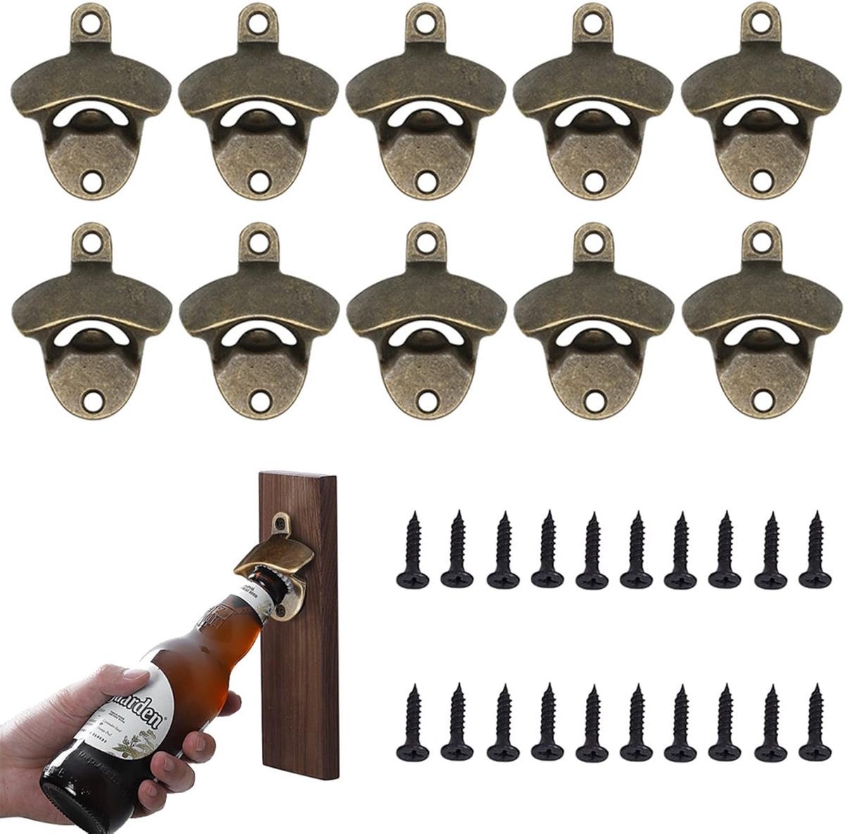 SnelShoppen - 10 Pack Wandmontage Flessenopener - Duurzame Ijzeren Legering - Stijlvol Ontwerp voor Bier, Drankjes - Inclusief Schroeven - Perfect voo