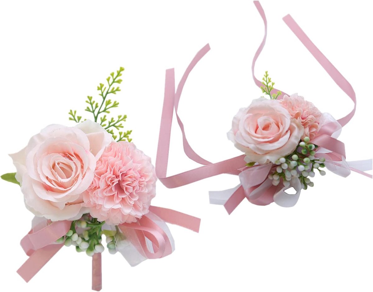 SnelShoppen - 2 Pack Kunstbloemen Polscorsage en Boutonnière Set, 3 Inch Rozen en Anjers, Handgemaakte Zijde voor Bruiloft, Feestdecoratie en Prom Kle