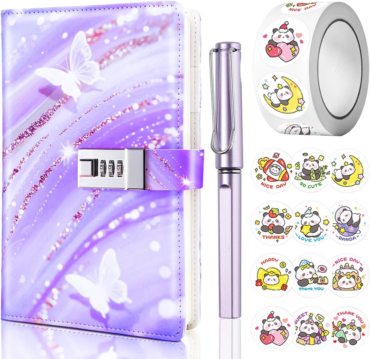 SnelShoppen - Dagboek met Slot voor Meisjes, A5 Notitieboek met Code, PU Leren Journal met Pen en Schattige Stickers Set, 22 x 15 cm, Lilac - Perfect