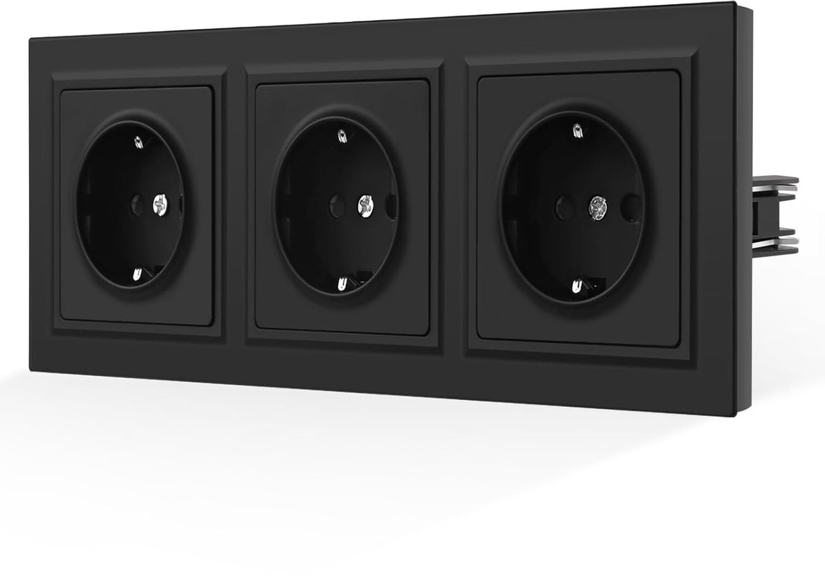 SnelShoppen - Schuko Triple Socket - Zwart - Met Huidvriendelijke Matte Afwerking en Zijklauwen - Ideaal voor Wandkasten en Thuisgebruik