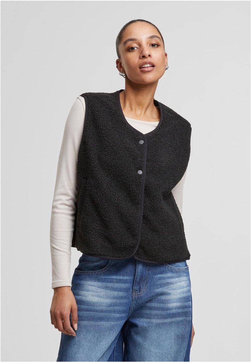 Urban Classics - Buttoned Teddy Mouwloos jacket - S - Zwart