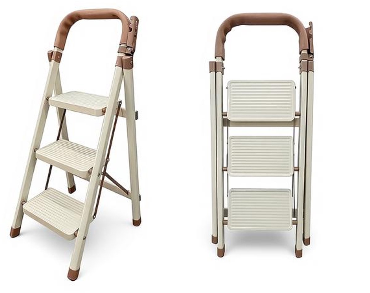 Verbrede antislip opvouwbare ladder met veiligheidsleuning - 3 treden - crèmewit - 150 kg draagvermogen.